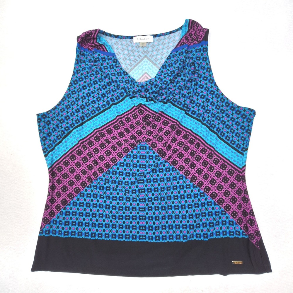 Calvin Klein Tank Top Womens XL Blue Geometric Cowl Neck Sleeveless Blouse